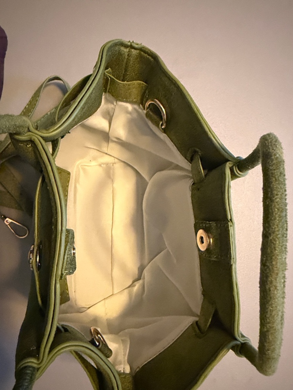 New Olive Green Mini Faux Suede Top-Handle Bucket Bag W/ strap - Picture 2 of 9